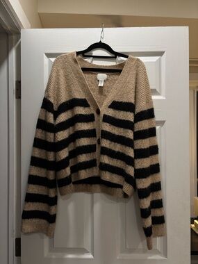 H&M Beige and Black Striped V-Neck Button Cardigan